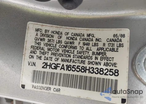 2008 Honda Civic Lx из США, поврежденный, VIN 2HGFA16558H338258